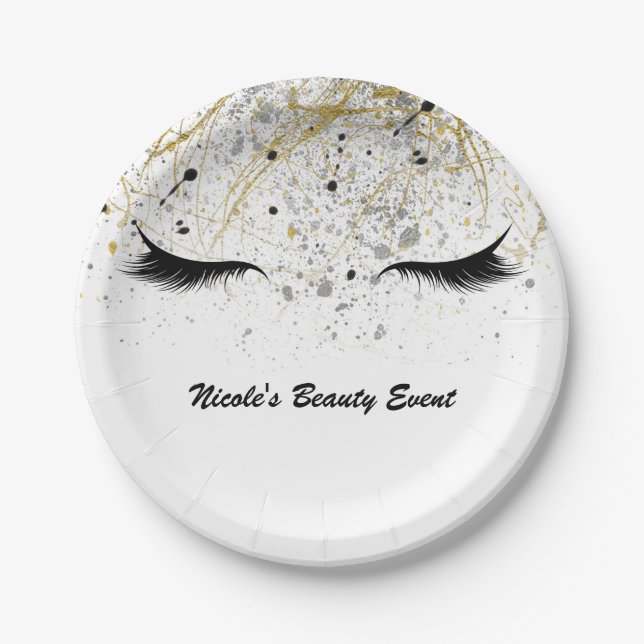 Modern Glam Gold Silver Black Eyelashes Beauty Paper Plate (Front)