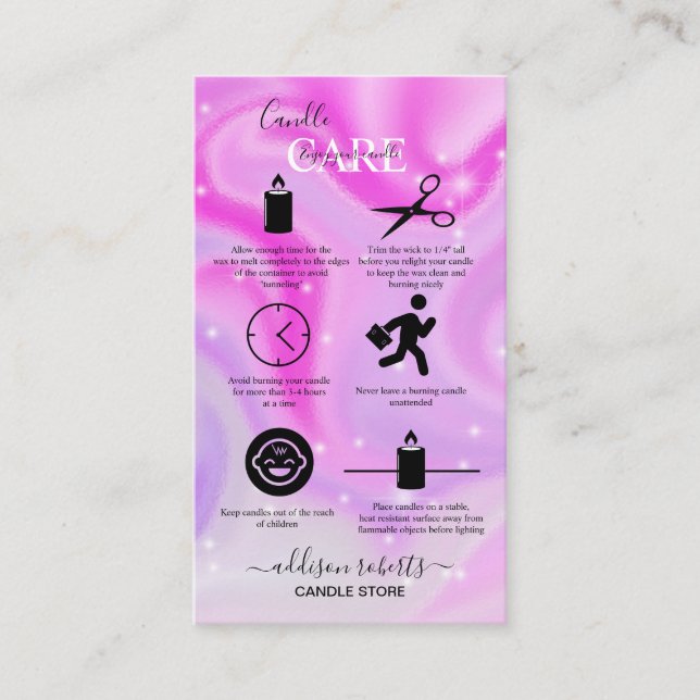 Modern Glam Iridescent Sparkle Candle Care   Business Card (Front)