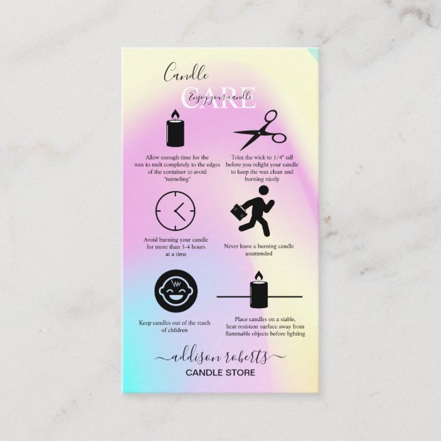 Modern Glam Iridescent Sparkle Candle Care  Business Card (Front)
