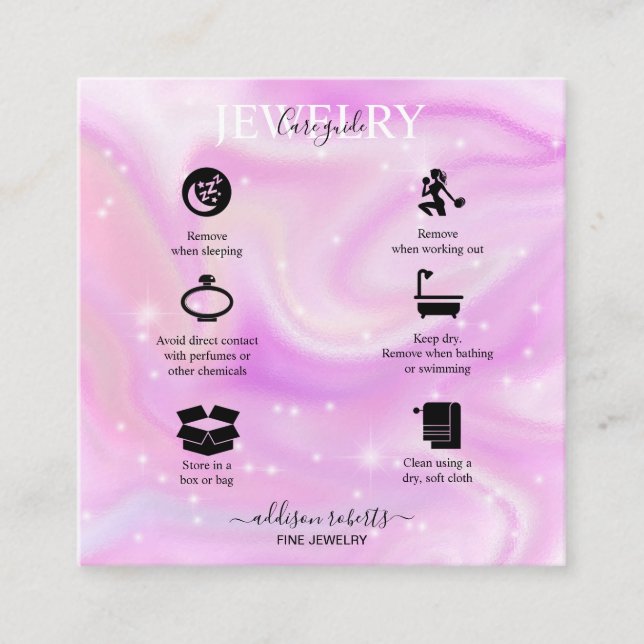Modern Glam Iridescent Sparkle  Jewellery Care   S Square Business Card (Front)