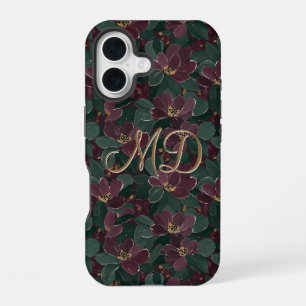 Modern Glam Moody Floral Emerald Plum Gold iPhone 16 Case