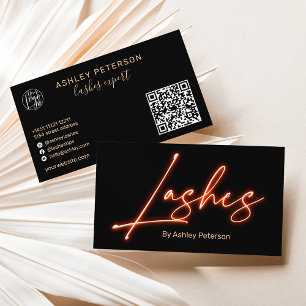 Modern glam orange neon lashes script logo qr code business card