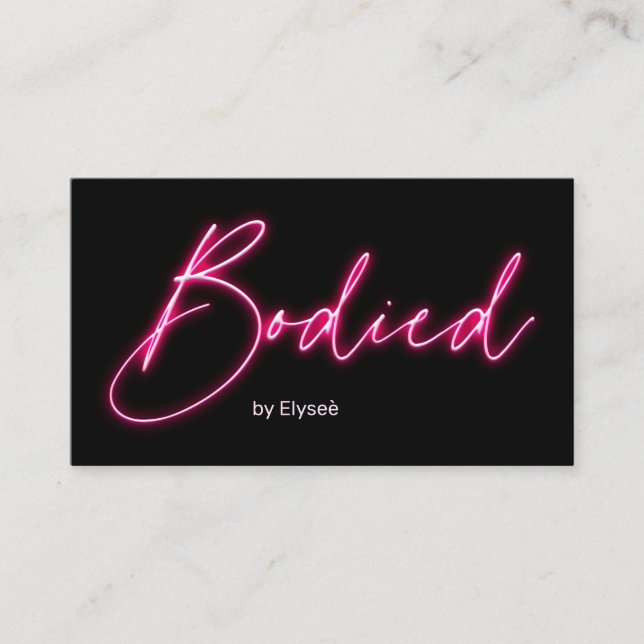 Modern glam pink neon bodied script logo qr code business card (Front)