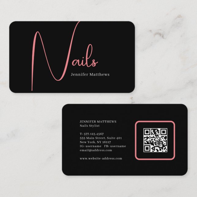 Modern glam pink neon nails script logo qr code business card (Front/Back)
