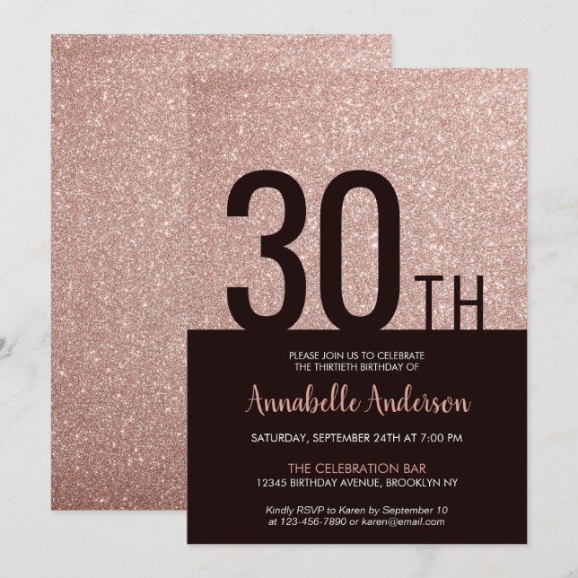 Modern Glam Pink Rose Gold Sparkle 30th Birthday Invitation (Front/Back)