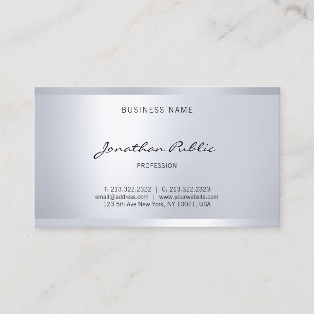Modern Glam Plain Elegant Hand Script Silver Look Business Card (Front)