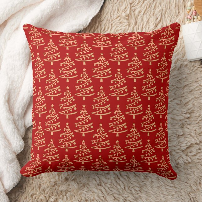 Modern Glam Red and Faux Gold Christmas Tree Throw Pillow (Blanket)