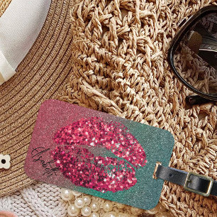 Modern Glam Red Glittery Kiss Lipstick Imprint Luggage Tag
