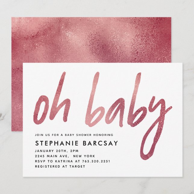 Modern Glam Rose Gold Oh Baby Shower Invitation (Front/Back)