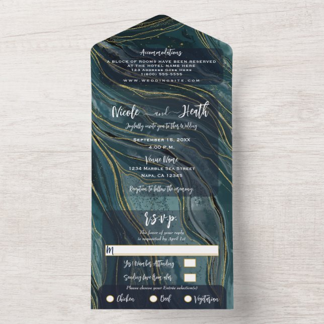 Modern Glam Teal Blue Green Gold Wedding Photo   All In One Invitation (Inside)