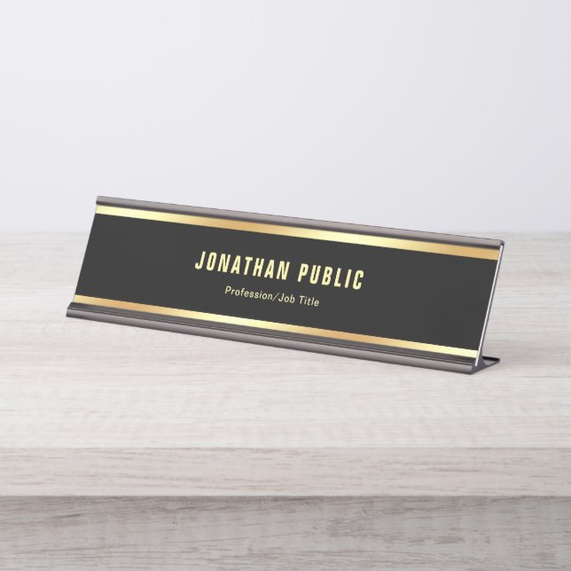 Modern Glam Template Black Gold Simple Trendy Desk Name Plate (Front)