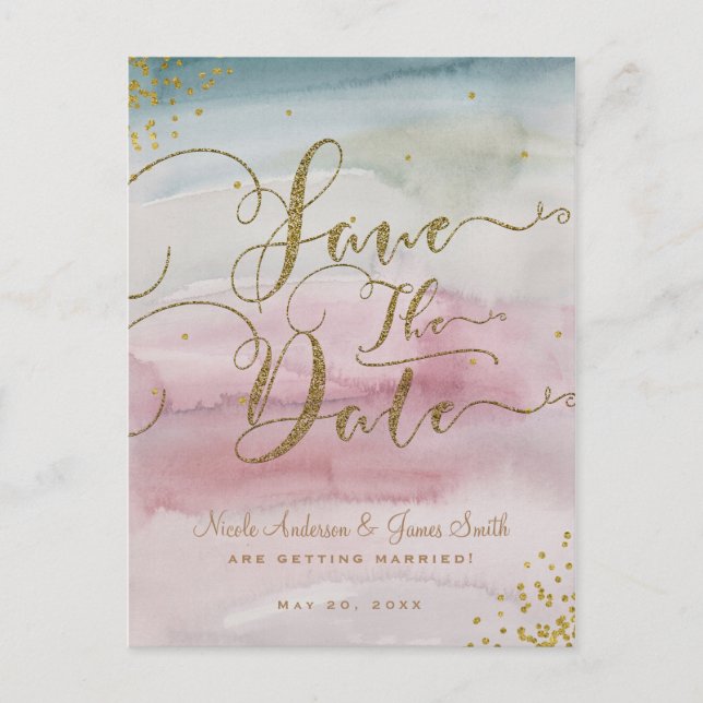 Modern Glam Watercolor Gold Save the Date Announcement Postcard (Front)
