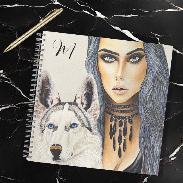 Modern Glam Woman & Husky Wolf Dog Monogram Notebook (Creator Uploaded)