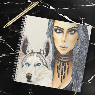 Modern Glam Woman & Husky Wolf Dog Notebook