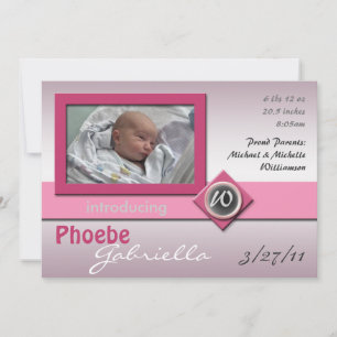 Modern Glass Monogram Pink Birth Announcements