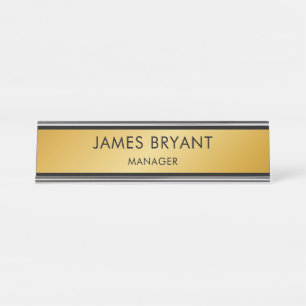 Modern Glassy Golden & Black- Add Logo, Name,Title Desk Name Plate