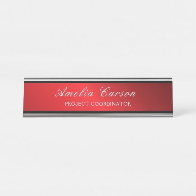 Modern Glassy Red & Black- Add Logo, Name, Title Desk Name Plate (Front)