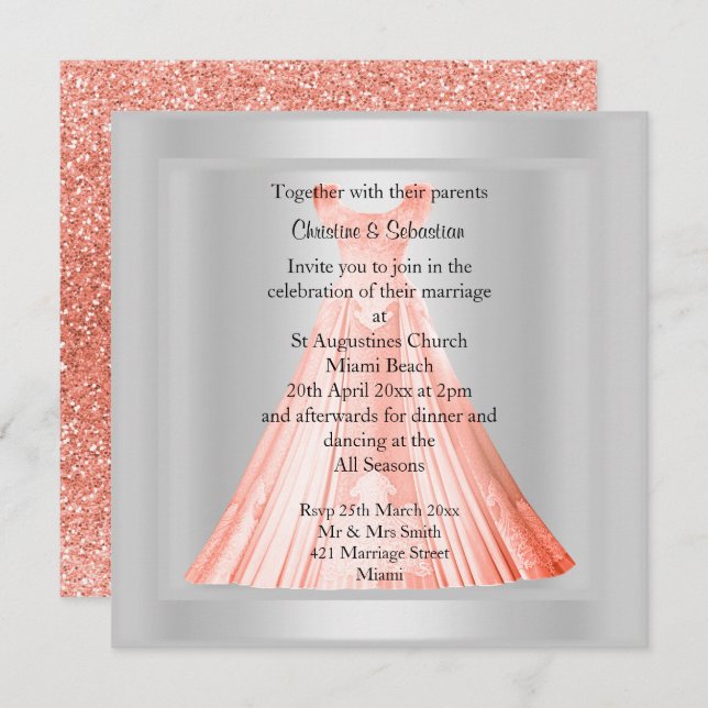 MODERN GLITTER APRICOT GOWN WEDDING INVITATION (Front/Back)