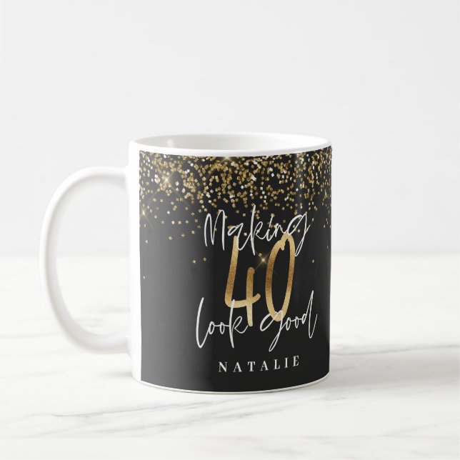 Modern glitter black and gold 40th birthday coffee mug (Left)