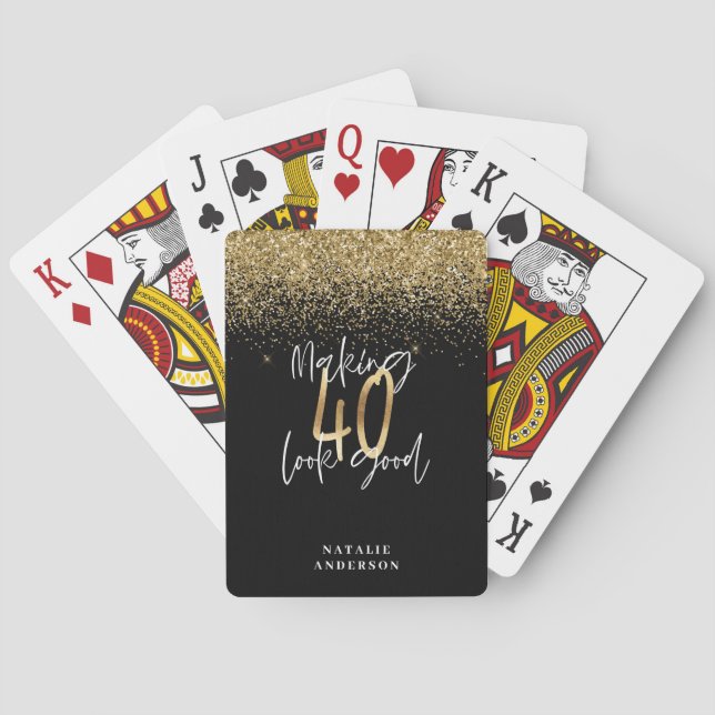 Modern glitter black and gold 40th birthday playing cards (Back)
