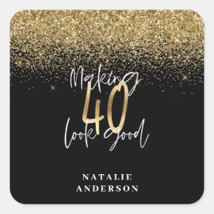 Modern glitter black and gold 40th birthday square sticker