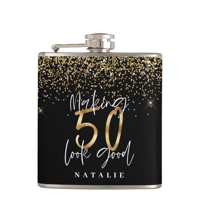 Modern glitter black and gold 50th birthday hip flask (Front)