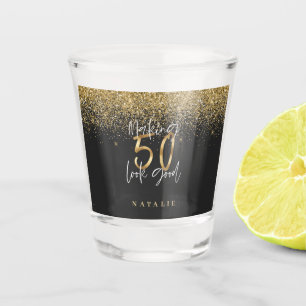 Modern glitter black and gold 50th birthday  shot glass