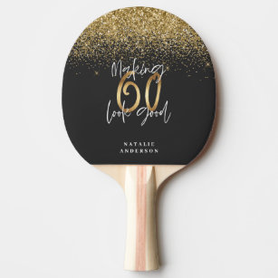 Modern glitter black and gold 60th birthday ping pong paddle