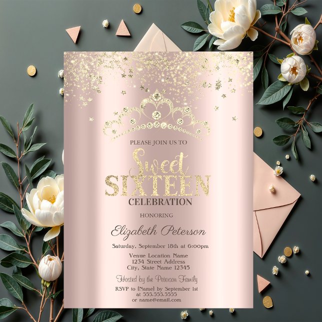 Modern Glitter Confetti,Crown Rose Gold  Sweet 16 Invitation (Creator Uploaded)