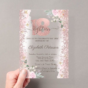 Modern Glitter Confetti Rose Gold 18th Birthday Acrylic Invitations