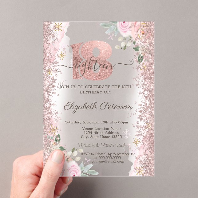 Modern Glitter Confetti Rose Gold 18th Birthday Acrylic Invitations (Insitu (Handheld))