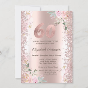 Modern Glitter Confetti Rose Gold Roses 60th Invitation