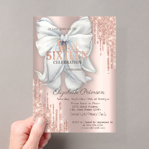 Modern Glitter Drips Bow Rose Gold Sweet 16 Acrylic Invitations