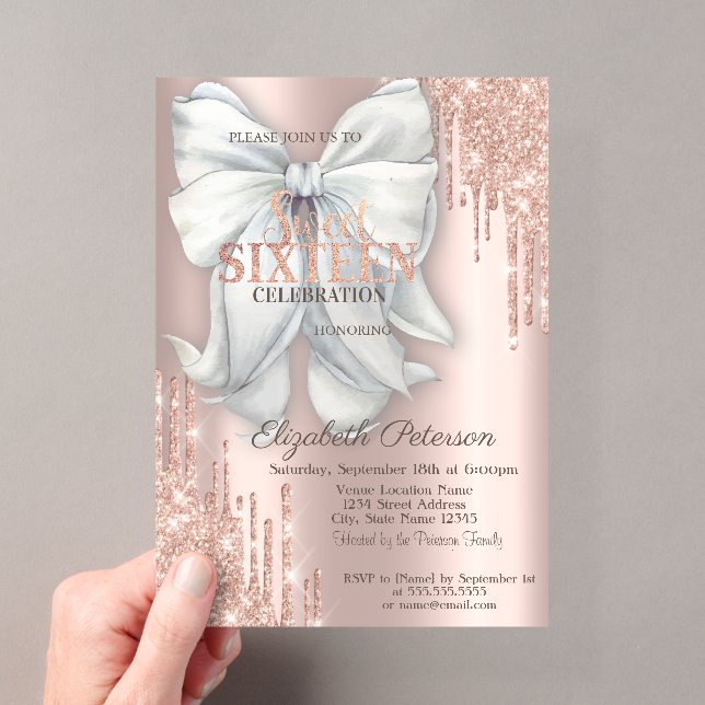 Modern Glitter Drips Bow Rose Gold Sweet 16 Acrylic Invitations (Insitu (Handheld))