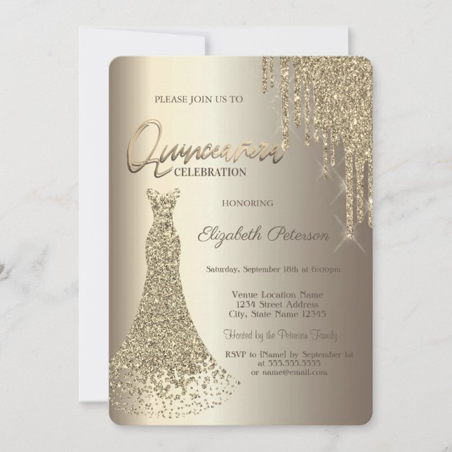 Modern Glitter Drips Champagne Dress Quinceañera  Invitation (Front)
