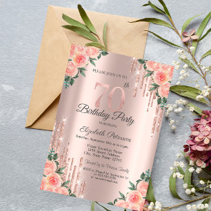 Modern Glitter Drips Floral Rose Gold 70th Invitation