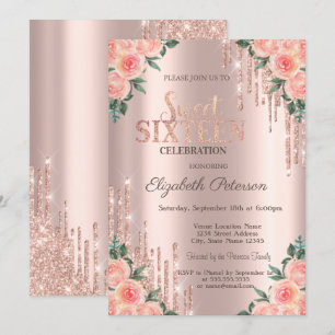 Modern Glitter Drips Floral Rose Gold Sweet 16 Invitation