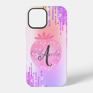 Modern Glitter Drips,Ombre,Monogram Strawberry iPhone 12 Case