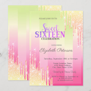 Modern Glitter Drips Ombre Stripes Sweet 16 Invitation