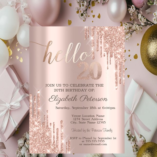 Modern Glitter Drips Rose Gold 20th Birthday  Invitation (Creator Uploaded)