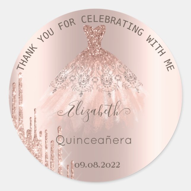 Modern Glitter Drips Rose Gold  Dress Quinceañera Classic Round Sticker (Front)