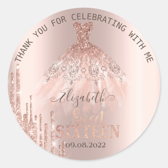 Modern Glitter Drips Rose Gold  Dress Sweet 16  Classic Round Sticker (Front)