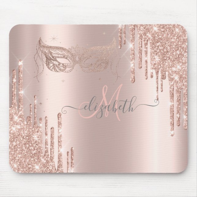 Modern Glitter Drips Rose Gold Masque Monogram  Mouse Pad (Front)