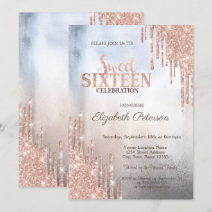 Modern Glitter Drips Rose Gold Metallic Sweet 16 Invitation