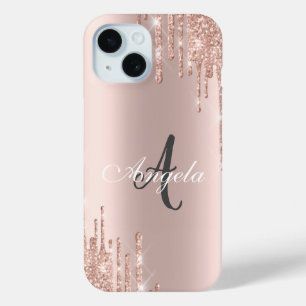 Modern Glitter Drips Rose Gold,Monogram iPhone 15 Case