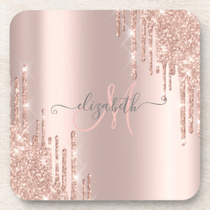 Modern Glitter Drips Rose Gold Monogram Coaster