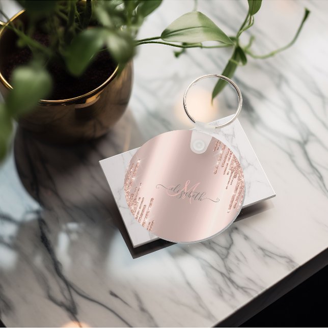 Modern Glitter Drips Rose Gold Monogram   Keychain (Creator Uploaded)