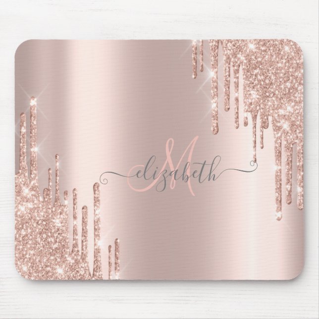 Modern Glitter Drips Rose Gold Monogram Mouse Pad (Front)
