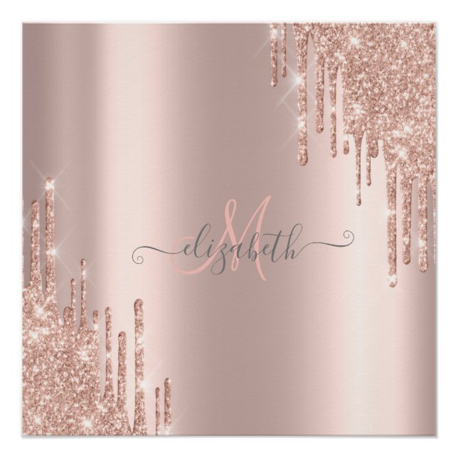 Modern Glitter Drips Rose Gold Monogram Poster (Front)
