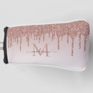 Modern Glitter Drips Rose Gold Monogram Script Golf Head Cover